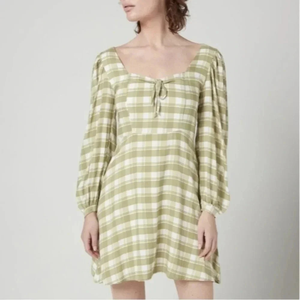 NEW Faithfull the Brand Tilla Dress Green Mini Long Sleeve Check Size Large 8